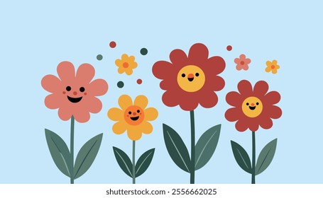 A vivid digital illustration showcasing flowers of various shapes and colors, including blooming red, yellow, and pink flowers that complement the green leaves and small decorative dots.