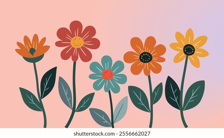 A vivid digital illustration showcasing flowers of various shapes and colors, including blooming red, yellow, and pink flowers that complement the green leaves and small decorative dots.