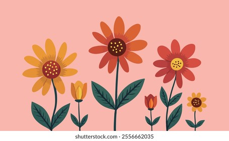 A vivid digital illustration showcasing flowers of various shapes and colors, including blooming red, yellow, and pink flowers that complement the green leaves and small decorative dots.