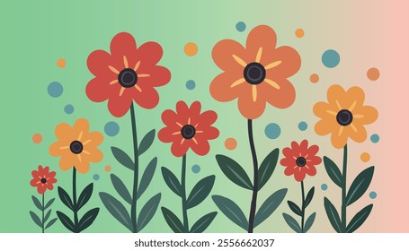 A vivid digital illustration showcasing flowers of various shapes and colors, including blooming red, yellow, and pink flowers that complement the green leaves and small decorative dots.