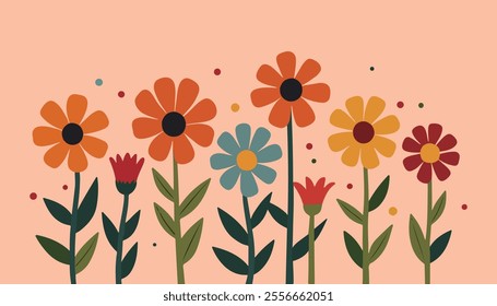 A vivid digital illustration showcasing flowers of various shapes and colors, including blooming red, yellow, and pink flowers that complement the green leaves and small decorative dots.