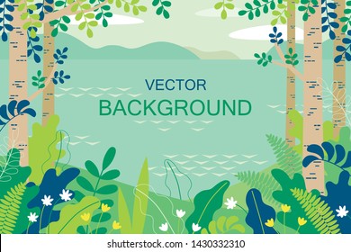 vivid digital landscape with trees and different plants, augmented with Vector Background sign. childlike style.