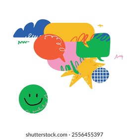 A vivid doodle illustration with a smiling emoji and speech bubbles in different shapes. The concept of positive communication, interaction, and bright ideas.