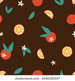 laranjas de doodle vívidas no fundo escuro, padrão floral de verão