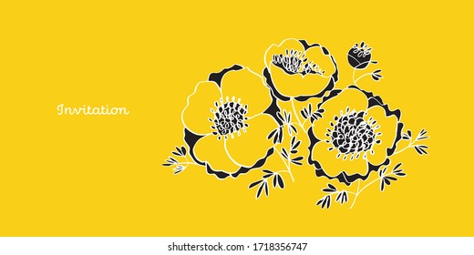 Vivid dynamic abstract summer flowers design element for web banners, posters, cards, wallpapers, backdrops, panels. Horizontal yellow color peony floral element.