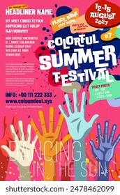 Vivid and dynamic summer festival poster featuring vibrant graphics, hands in the air, and information about the event - vector illustration