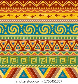 Vivid ethnic seamless borders set with abstract shapes. Can be used like a final pattern. Flat, restricted palette, vector.