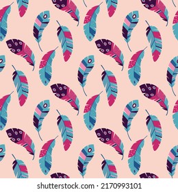 vivid ethnic seamless pattern with painted colorful feathers