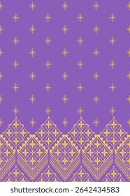 A vivid ethnic textile pattern in gold and purple featuring symmetrical diamond motifs with a fringe-like lower border. Ideal for fabric prints, crafts, and traditional-inspired designs.