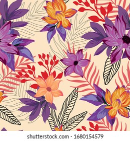 Vivid exotic illustration beautiful tropical lily, lotus flowers, abstract violet tropic leaves seamless vector pattern on beige background. Beach multicolor creative wallpaper