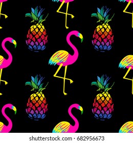 Vivid exotic seamless pattern with bright flamingo birds and pineapples in vector