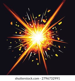 A vivid explosion with a bright light burst and radiating sparks.