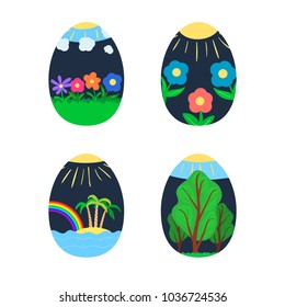 Vivid feste painted Easter eggs with image of flowers, trees, rainbow and palms
