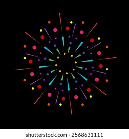 Vivid firework outbreak with radiant spark flare. Abstract explosion graphic with colorful sunburst rays. Shining banger design isolated on black background