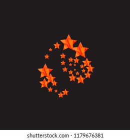 Vivid flaming star elements on dark vector background. Stylish confetti fiery stars dancing on dark. New Year starlight card backdrop.