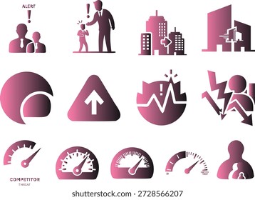 Conjunto de ilustrações em vetor de design plano e vívido que mostra a concorrência empresarial, alertas e métricas de desempenho com ícones modernos e escaláveis para uso comercial.
