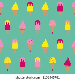 Vivid flat ice cream pattern in pastel colors on light mint background. Seamless trendy minimal shaped vector design. Perfect for greeting cards, wallpapers, gift packaging, apparel design etc.