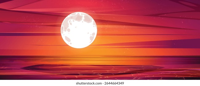 A vivid flat illustration capturing a vibrant sunset or moonrise over a serene sea, dominated by a large, glowing full moon and streaky clouds in rich shades of red, orange, and purple.
