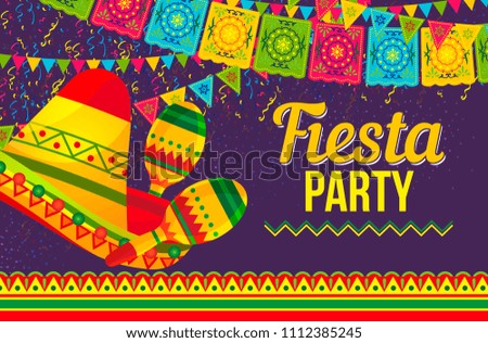 Vivid flat style of poster about Fiesta party promotion with bright sombrero and ornamental colorful flags on purple