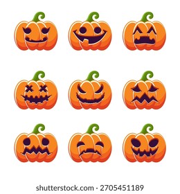 A vivid flat-color set of nine pumpkin characters featuring fun and spooky Halloween expressions, ideal for stickers, digital assets, and festive designs.