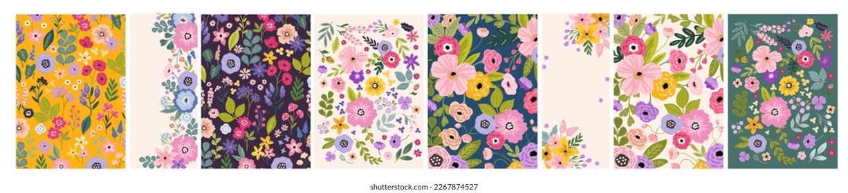 Vivid floral cards and vector backgrounds, colorful flower vector hand drawn invitation templates, poster, banner design, flyer, brochure illustration.