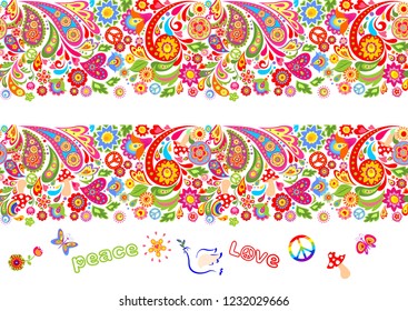 Vivid floral colorful seamless borders with hippie symbol, flower-power, fly agaric, rainbow and paisley