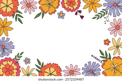 Vivid floral frame background with place for text. Spring and summer groovy flowers. Botanical modern border. Great for greeting cards, banners, flyers, birthday and mom's day greetings. Vector.