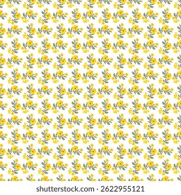 Vivid floral pattern featuring yellow flowers and green leaves, creating a cheerful contrast on a white background. Perfect for creating prints, wallpapers, fabric designs, and decorative purposes.