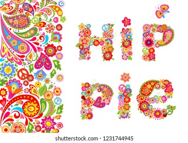 Vivid floral seamless border and hippie flowers lettering for t shirt print and other fashion design on black background