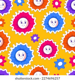 Vivid floral seamless pattern. Bright seamless background with vibrant cartoon flower character. Repeat vector illustration with cute smiling  flowers