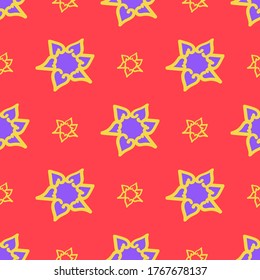 Patrón vivo sin costuras florales. Fondo vectorial de estilo indio. Flores amarillas y violetas sobre fondo rojo brillante. Para el diseño infantil, textiles, papel pintado, papel de envoltura