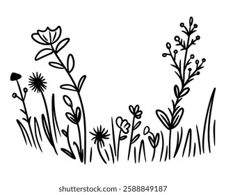 Vivid Flower Field Illustration for a Bright and Serene Nature Landscape Theme Vector illustration. Sketch. Doodle style