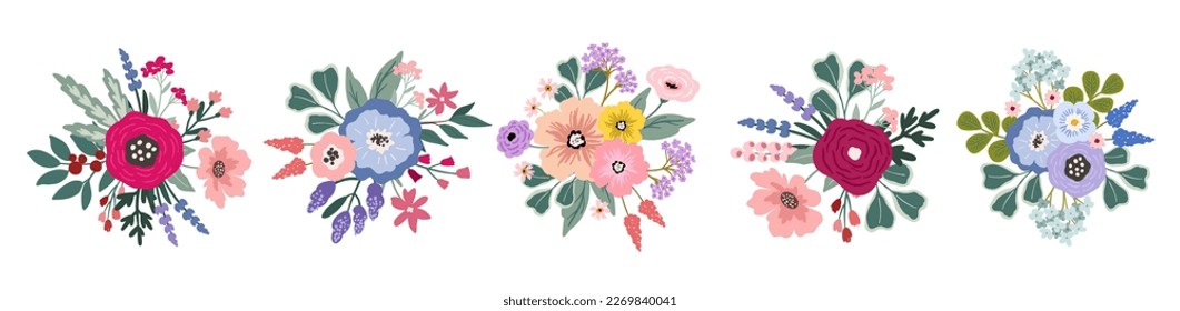 Vivid Flowers bouquet clipart, decorative vector hand drawn floral arrangement element for cards, banner, invitation design template