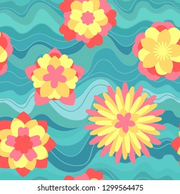 Vivid flowers on blue waves. Floral seamless pattern.