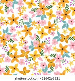 Vivid flowers seamless pattern, digital paper repeating background, meadow vibrant flowers. Fabric, wallpaper, wrapping paper, stationery seamless vector pattern