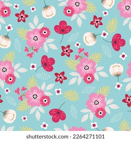 Vivid flowers seamless pattern, digital paper repeating background, meadow vibrant flowers. Fabric, wallpaper, wrapping paper, stationery seamless vector pattern
