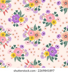 Vivid flowers seamless pattern, digital paper repeating background, meadow vibrant flowers. Fabric, wallpaper, wrapping paper, stationery seamless vector pattern