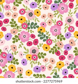 Vivid flowers seamless pattern, digital paper repeating background, meadow vibrant flowers. Fabric, wallpaper, wrapping paper, stationery seamless vector pattern