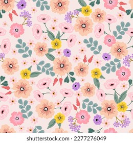 Vivid flowers seamless pattern, digital paper repeating background, meadow vibrant flowers. Fabric, wallpaper, wrapping paper, stationery seamless vector pattern