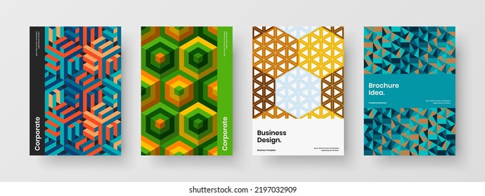 Vivid front page A4 vector design concept set. Bright geometric tiles banner layout collection.