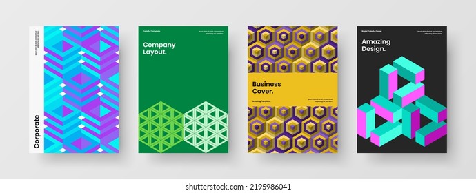 Vivid front page vector design concept set. Minimalistic mosaic shapes pamphlet template collection.
