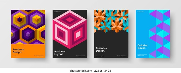 Vivid geometric hexagons cover concept set. Premium handbill A4 vector design layout composition.