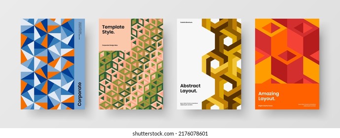 Vivid geometric hexagons postcard layout set. Modern presentation vector design concept collection.