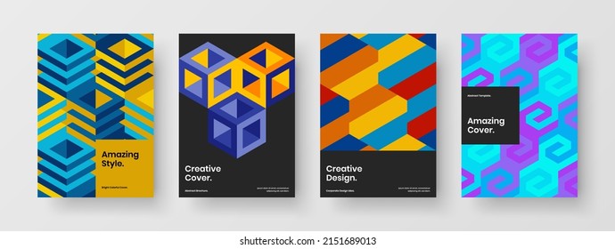 Vivid geometric pattern brochure concept bundle. Modern journal cover A4 vector design layout composition.