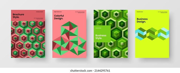 Vivid geometric pattern company brochure concept composition. Minimalistic journal cover vector design template bundle.