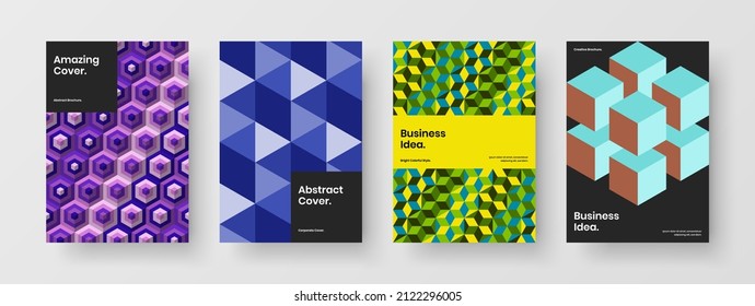 Vivid geometric pattern leaflet template composition. Isolated company cover A4 design vector layout collection.