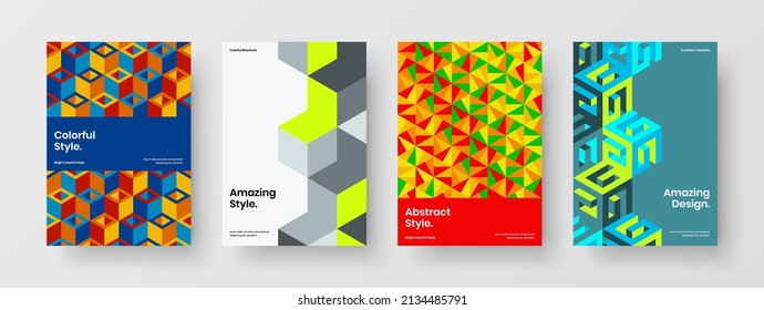 Vivid geometric pattern magazine cover layout set. Bright brochure vector design template collection.