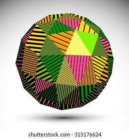 Vivid geometric spherical structure with parallel lines. Bright striped modern object, science and technology orbed figure isolated on white background.