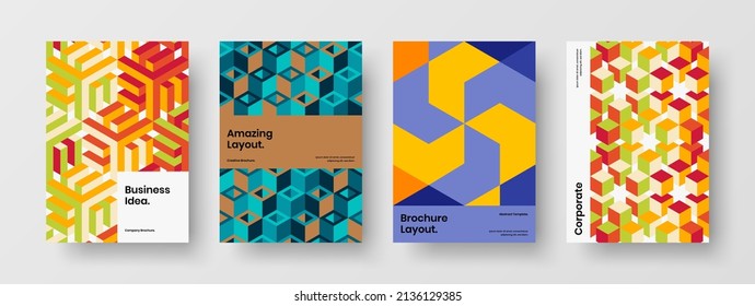 Vivid geometric tiles company brochure layout composition. Trendy front page design vector template collection.