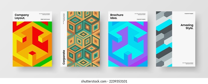 Vivid geometric tiles poster template collection. Bright journal cover A4 vector design illustration set.